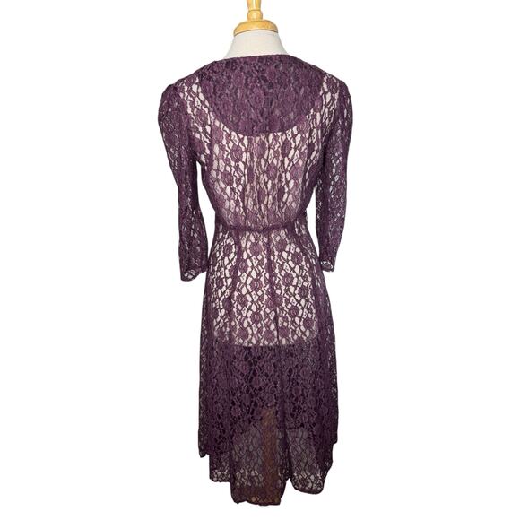 Vintage 80s Victorian Lace Button Up Purple Dress Size 11 Womens Gothic Sheer - Picture 3 of 11